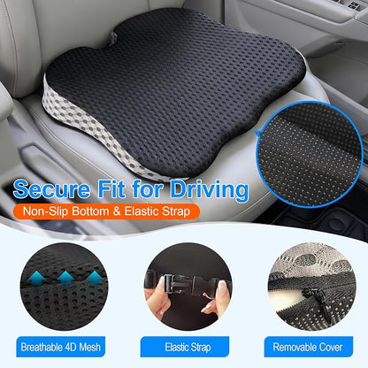 Car Seat Cushion for Driving: Memory Foam Cushion for Pain Relief During Long Drives, Wedge Car Seat Pillow for Height Boost, Non-Slip Driver Butt Pillow for Cars, SUVs, Trucks - Black