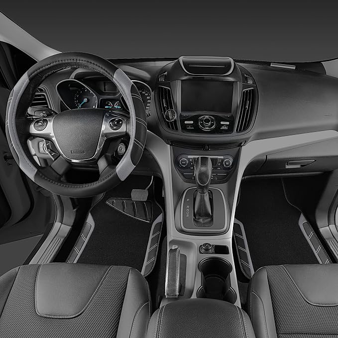 CAR PASS Leather Steering Wheel Cover and Waterproof Car Floor Mats,Microfiber Universal Car Combo Fit for 95% Sedan,SUV,Cars,14.5-15inch Sporty Anti-Slip Safety Comfortable Design(Black＆Gray)