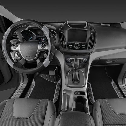 CAR PASS Leather Steering Wheel Cover and Waterproof Car Floor Mats,Microfiber Universal Car Combo Fit for 95% Sedan,SUV,Cars,14.5-15inch Sporty Anti-Slip Safety Comfortable Design(Black＆Gray)