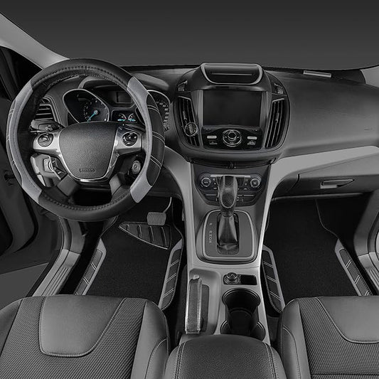 CAR PASS Leather Steering Wheel Cover and Waterproof Car Floor Mats,Microfiber Universal Car Combo Fit for 95% Sedan,SUV,Cars,14.5-15inch Sporty Anti-Slip Safety Comfortable Design(Black＆Gray)