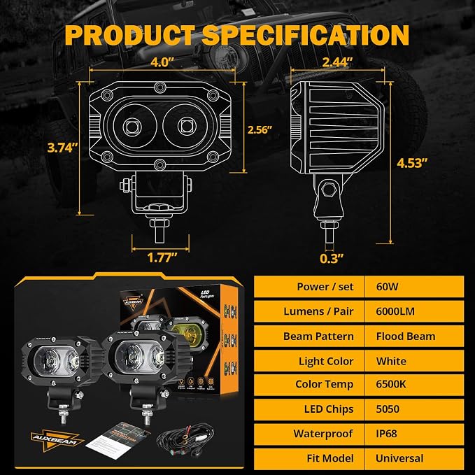Auxbeam 4 Inch LED Light Pods, 60W Square Offroad Driving Light Super Bright 120° White Broad Flood Beam Pods Light with Off Road Wiring Harness for Wrangler Truck Pickup SUV ATV UTV (2 Pcs)