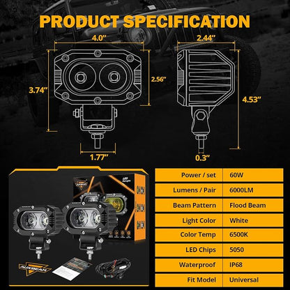 Auxbeam 4 Inch LED Light Pods, 60W Square Offroad Driving Light Super Bright 120° White Broad Flood Beam Pods Light with Off Road Wiring Harness for Wrangler Truck Pickup SUV ATV UTV (2 Pcs)