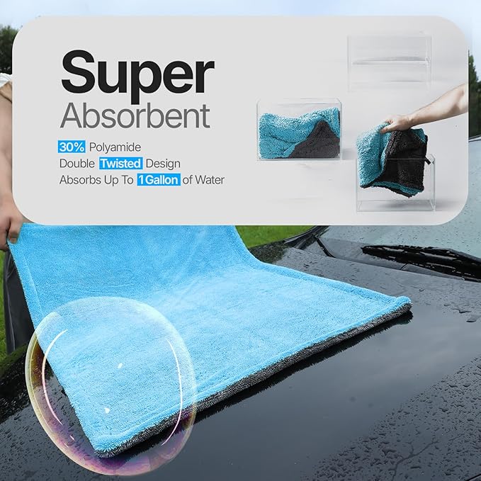 Crystal Clean 1300GSM Microfiber Towels for Cars – XL Drying Towel with Double Twisted Loop, Professional Detailing Towel Car Detailers - Quick Dry, Paint Safe & Swirl-Free (Grey+Blue)