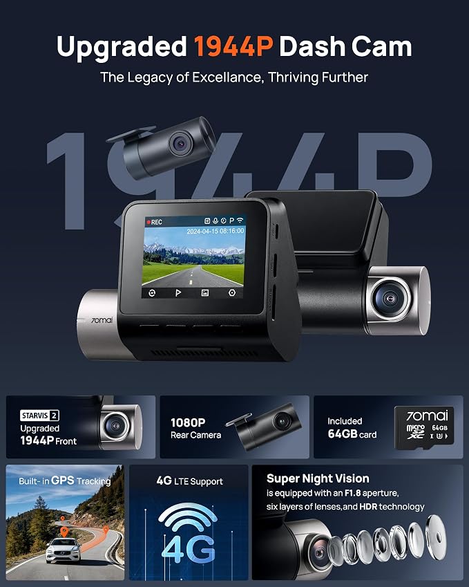 70mai Dash Cam Front and Rear A510,1944P+1080P with STARVIS 2 IMX675 and 64GB Card, Dash Camera for Cars, 4G LTE Support, ADAS, Built-in GPS WiFi, APP Control, HDR, 24H Parking Mode, Loop Recording