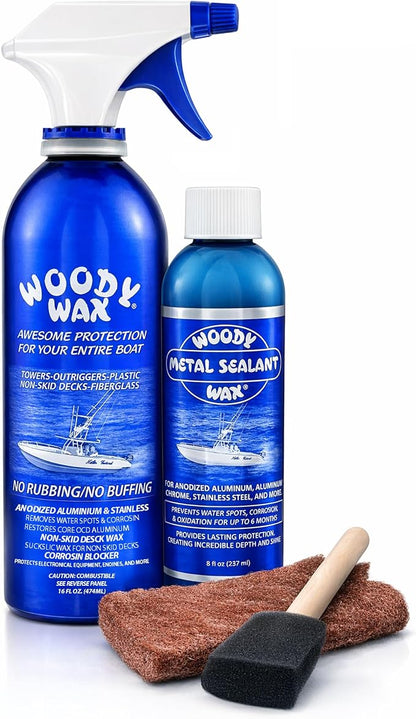Woody Wax Tower Treatment & Metal Restoration Kit, Professional Boat & Marine Corrosion Blocker, High-Gloss Sealant for Aluminum, Steel & Outriggers, Restores Pitted Metal & Protects for 6 Months