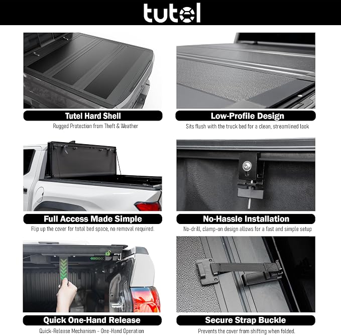 Tutel Low Profile Hard Shell Flip-Up Truck Bed Tonneau Cover|Fits 2016–2023 Toyota Tacoma 5'1" Bed (60.5") - TTLTMLPFU021