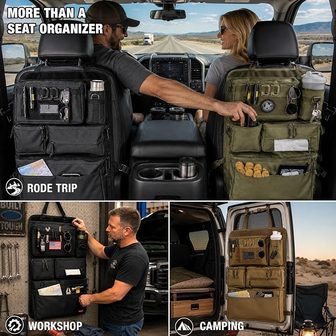 Tactical Seat Back Organizer - Heavy Duty MOLLE Panel Organizer with Multiple Pockets & Hook Loop Panel for EDC Gear, Road Trip Essentials, Universal Fit for Car SUV Truck Jeep Ford(Black)