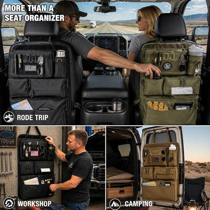 Tactical Seat Back Organizer Heavy Duty MOLLE Panel Organizer with Multiple Pockets & Hook Loop Panel for Road Trip Essentials, Universal Fit for Car SUV Truck Jeep (Army Green)
