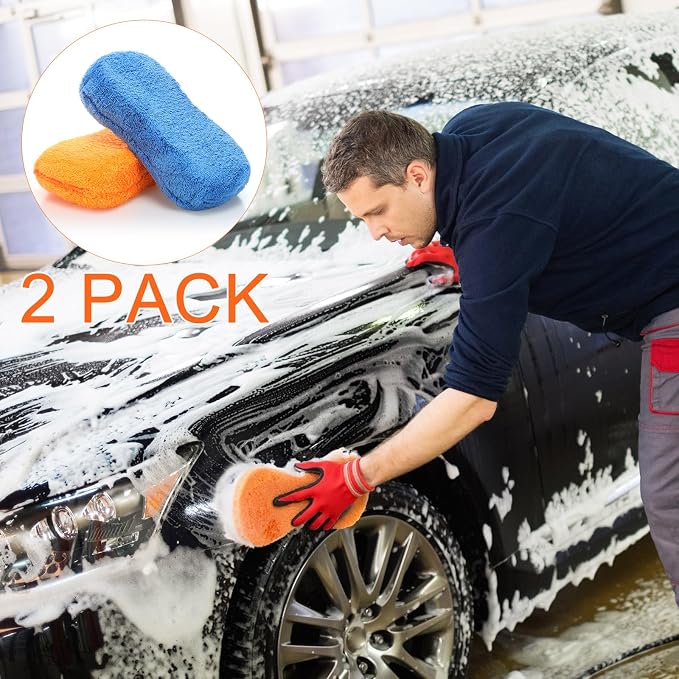 Tanlade 2 Pcs Large Car Wash Sponge for Cleaning, The Microfiber Sponges for Car Washing Supplies, Trucks and Motorcycles (Blue,Orange)