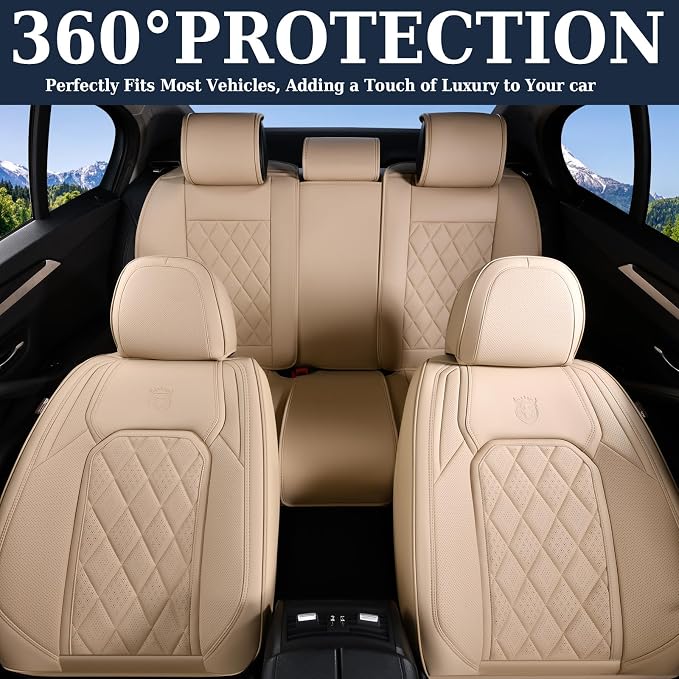Coverado Car Seat Covers Full Set, 5 Seat Universal Seat Covers for Cars, Luxury Faux Leather Waterproof Seat Cover, Front and Back Car Seat Protector, Auto Seat Cover Fit for Most Vehicles, Beige
