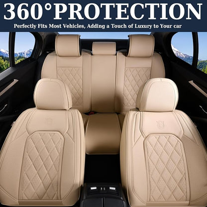 Coverado Car Seat Covers Full Set, 5 Seat Universal Seat Covers for Cars, Luxury Faux Leather Waterproof Seat Cover, Front and Back Car Seat Protector, Auto Seat Cover Fit for Most Vehicles, Beige