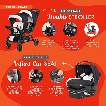 Baby Trend Sit N Stand Double Stroller & 2-Pack EZ Lift Plus Infant Car Seat, Modern Khaki - Convertible Tandem Travel System Combo for Newborn and Toddler, Foldable and Compact Design