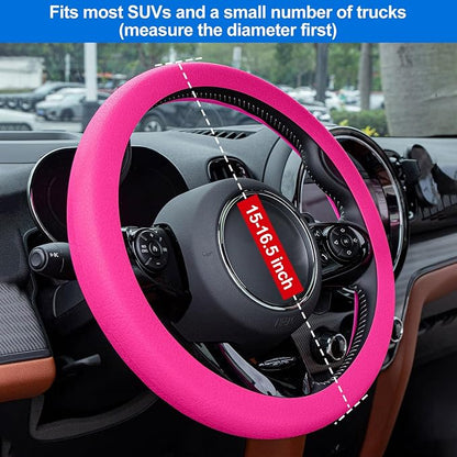 Spurtar Hot Pink Car Steering Wheel Cover Women, Hot Pink Car Accessories Cute Soft Silicone Leather Texture Steering Wheel Protector, Fit Diamenter 15" - 16.5"