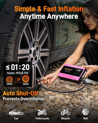 WOLFBOX 2000A Jump Starter with Air Compressor, 37Wh Car Battery Booster Jumper Starter Portable(up to 5L Gas Engine), 12V Jump Box Pack with 150PSI Tire Inflator, Jumper Cables, LED Light — Hot Pink