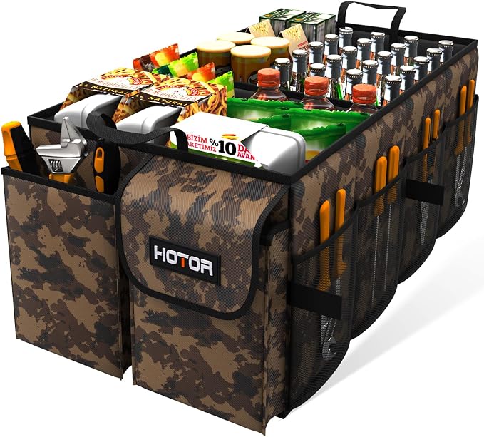 HOTOR Trunk Organizer - Car Organizer, Foldable Trunk organizer for SUVs & Sedans, Sturdy Car Organization for Car Accessories, Tools, Sundries, Brown Camouflage, 2 Compartments, 21.3"×12.6"×10.6"