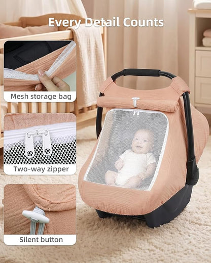 Rquite Car Seat Cover Baby Girl Boy, 100% Muslin Cotton Carseat Covers, Breathable Infant Windproof Canopy with Mesh Window, Stroller Sun Shade for Summer & Hot Day, Dusty Rose