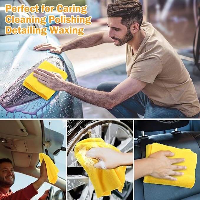 Tallew 16 Pcs Car Microfiber Towels Buffing Drying Wash Cleaning Cloths Plush Large Towels Thick Care Polishing Detailing Waxing Scratch Proof Towel, 15.75 x 15.75 Inch (Yellow)