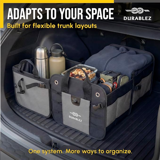 3-Section Modular Trunk Organizer XL – Car Storage for Groceries, Cleaning Supplies, Tools, Sports Gear – Foldable L-Shape Cargo Bin – Gray