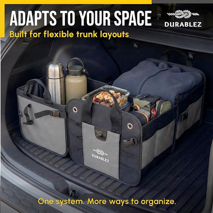 3-Section Modular Trunk Organizer XL – Car Storage for Groceries, Cleaning Supplies, Tools, Sports Gear – Foldable L-Shape Cargo Bin – Gray