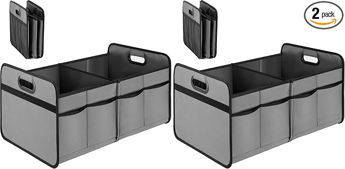 YSSOA Trunk Organizer for Car/SUV/Truck, Collapsible 2 Compartment Automotive Storage Box, 600D Waterproof Oxford Polyester 50L Travel Accessories, Anti-slip & Leak-proof, Grey (Pack of 2)