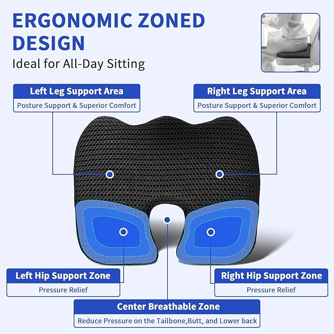 Gooo&Ma Car Seat Cushion & Office Chair Pad - Air Fiber Breathable U-Shape Cooling Cushion for Tailbone Comfort, Driving, Desk & Gaming, Ergonomic Washable Seat Pad with Non-Slip Base(Black)