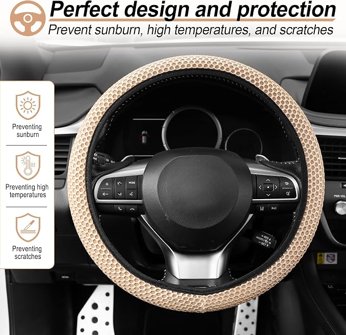 Alpmosn Elastic Stretch Steering Wheel Cover, Breathable Microfiber Ice Silk, Anti-Slip, Car Interior Accessories Fits for 14"-15" Steering Wheel Covers for Women & Men(Beige)