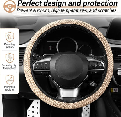 Alpmosn Elastic Stretch Steering Wheel Cover, Breathable Microfiber Ice Silk, Anti-Slip, Car Interior Accessories Fits for 14"-15" Steering Wheel Covers for Women & Men(Beige)