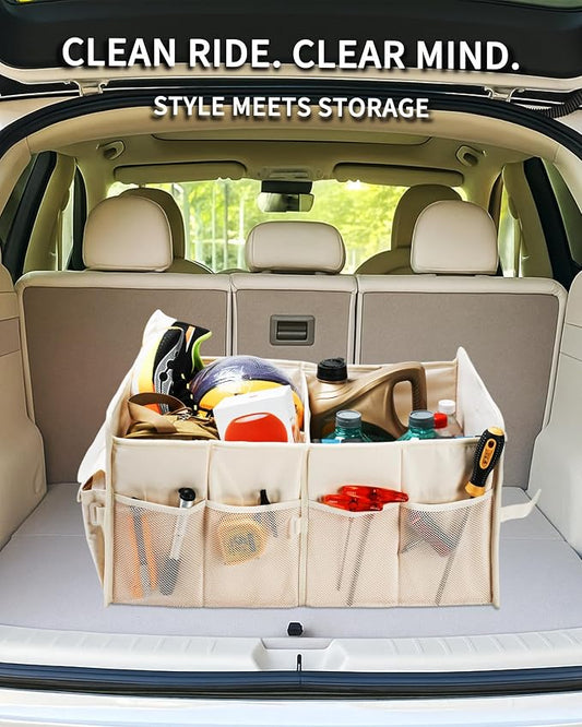 SIBOFUEGO Sturdy Car Trunk Organizer – Large Capacity Trunk Organizer for SUVs & Sedans, Hard-Shell One-Piece Design with Cute Print, Collapsible and Durable Car Organizers （Beige Leopard 70L ）