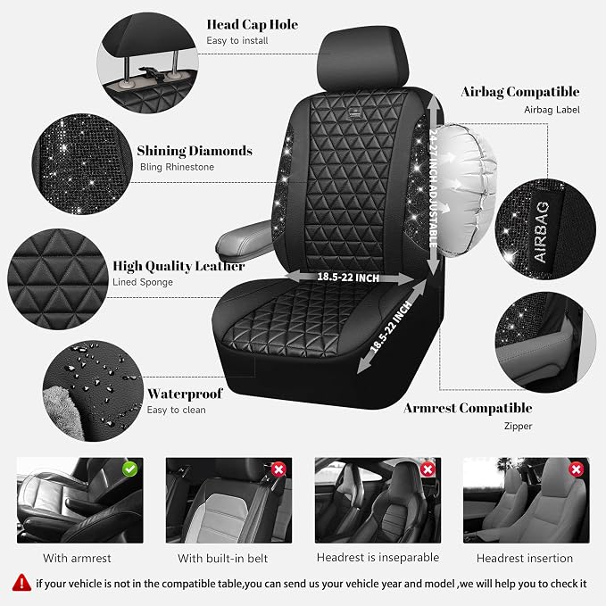 CAR PASS Bling Diamond Leather Car Seat Covers 2 Front Seats Interior Sets, Waterproof Shining Glitter Sparkly Crystal Universal Armrest Fit Automotive Truck SUV Cute Women Girl, Black PU Rhinestone