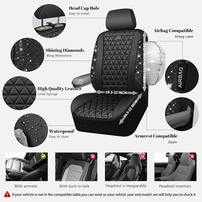 CAR PASS Bling Diamond Leather Car Seat Covers 2 Front Seats Interior Sets, Waterproof Shining Glitter Sparkly Crystal Universal Armrest Fit Automotive Truck SUV Cute Women Girl, Black PU Rhinestone