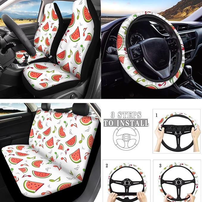 10 Pcs Watermelon Music Note Car Seat Covers, Summer Fruit Watermelon Breathable Vehicle Seat Protector, Colorful Music Notes Steering Wheel Cover Fit for Sedan Truck