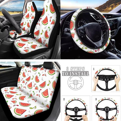 10 Pcs Watermelon Music Note Car Seat Covers, Summer Fruit Watermelon Breathable Vehicle Seat Protector, Colorful Music Notes Steering Wheel Cover Fit for Sedan Truck