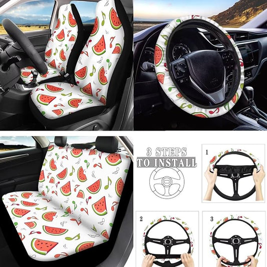 10 Pcs Watermelon Music Note Car Seat Covers, Summer Fruit Watermelon Breathable Vehicle Seat Protector, Colorful Music Notes Steering Wheel Cover Fit for Sedan Truck
