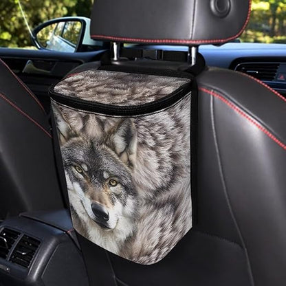 Talayituse Wolf Print Car Trash Can with Lid, Leak Proof Auto Trash Bag Hanging Vehicle Garbage Can Multipurpose Storage Container for Back Seat Road Trip
