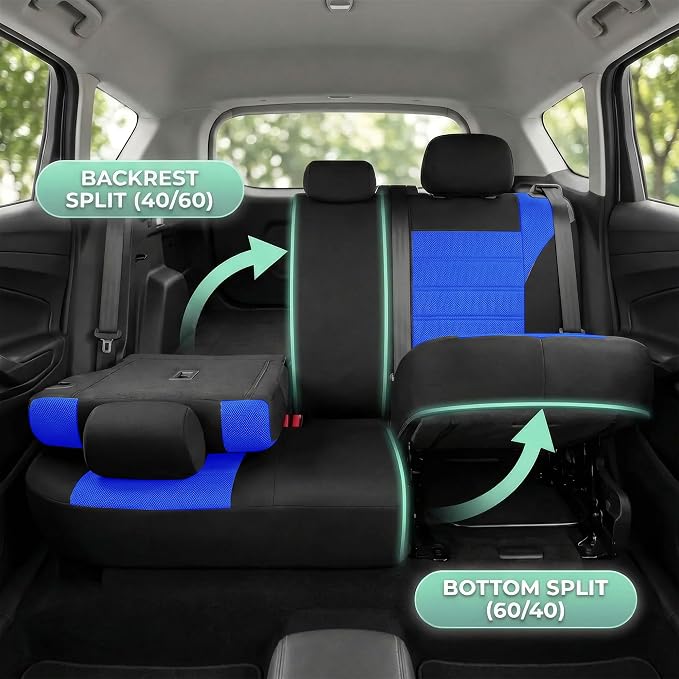 FH Group Automotive Car Seat Covers Full Set Premium 3D Air Mesh Front Seat Covers, Airbag Compatible & Split Bench Cover Universal Fit Interior Accessories for Cars Trucks and SUVs - Blue