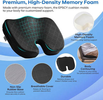 EPSCY Memory Foam U-Shaped Cushion for Coccyx, Hemorrhoid, Sciatica & Tailbone Pain Relief - Pressure Reducing Seat Cushion with Removable Cover - Postpartum Pillow for Office Chair, Wheelchair, Black