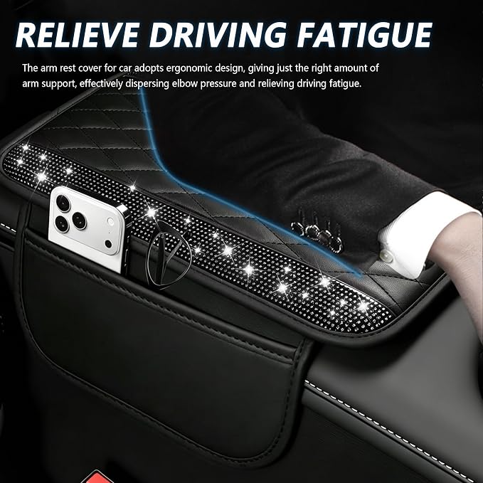 Stacool Upgraded Car Center Console Cover with Rhinestones,Microfiber Leather Car Armrest Cover Cushion with 2 Storage Bags,Universal Cars Armrest Storage Box as Cars Interior Accessories
