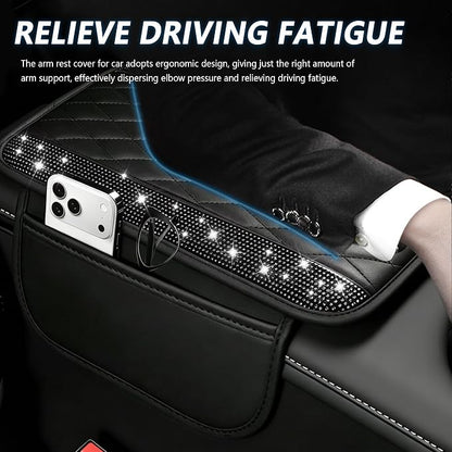 Stacool Upgraded Car Center Console Cover with Rhinestones,Microfiber Leather Car Armrest Cover Cushion with 2 Storage Bags,Universal Cars Armrest Storage Box as Cars Interior Accessories