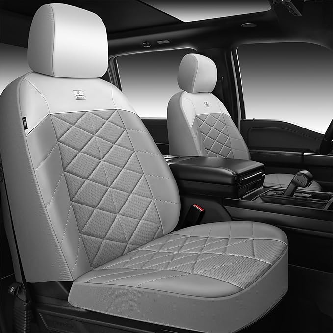 CAR PASS Memory Foam Leather Front Seat Covers, Waterproof Nappa Leather Seat Covers Front Seats Universal Fit for Cars,SUV,Truck Seat Covers Thick 3D Foam Comfortable, Airbag Compatible Gray White