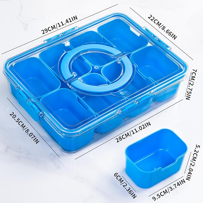 WACOI Divided Snack Serving Tray with Lid and Handle Travel Snackle Charcuterie Container Portable Storage Organizer for Candy, Fruits, Nuts, Snacks, Party, Picnic (1pack, Cerulean)