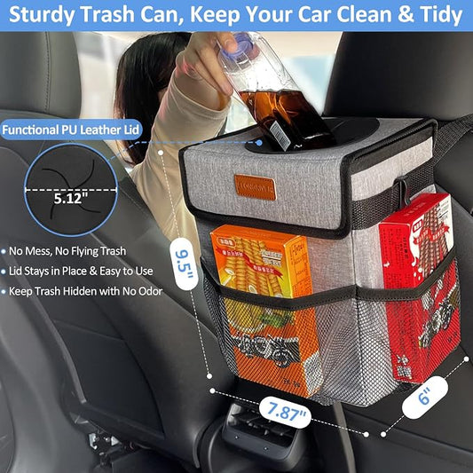 ELONGRIVER Car Trash Can Bin for Back Seat Leak Proof, Cute Car Trash Bag Hanging, Vehicle Trash Can for SUV Truck Van, Automotive Garbage Cans Front Seat Grey