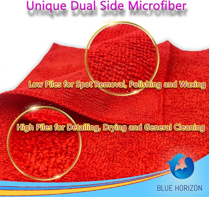 Blue Horizon Microfiber Cleaning Towels, Pack of 24, Ultra Soft Plush Washcloth, All Purpose Premium Microfiber Detailing Cleaning Cloths Reusable Shop Towels (16" x 16", Red)