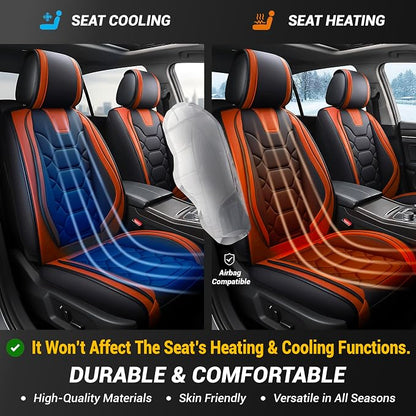 OASIS AUTO Car Seat Covers Front Seats, Sporty Honeycomb Waterproof Faux Leather Protectors, Universal Fit for SUV, Sedan, Truck Interior Accessories (OS-004 Black&Orange)