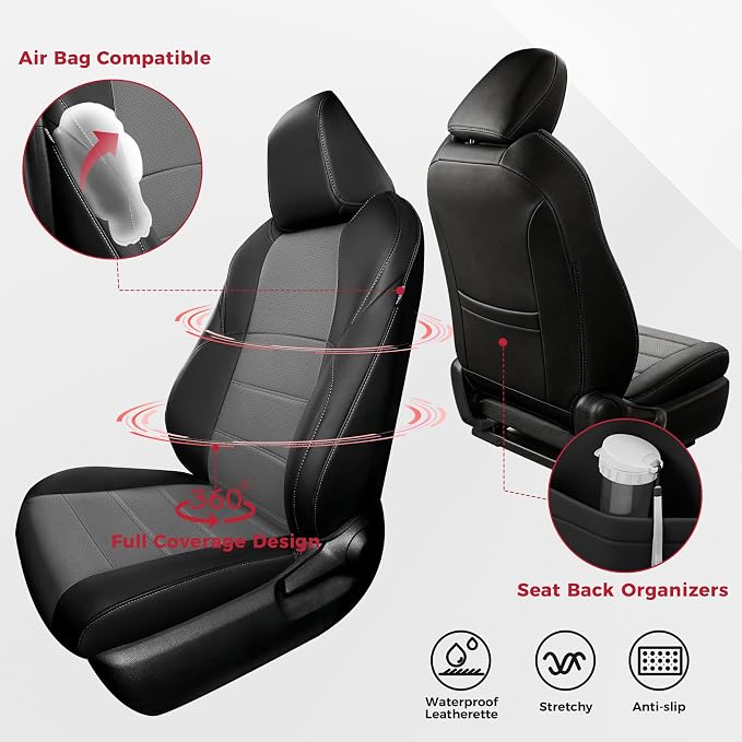 FREESOO RAV4 Seat Covers Full Set Custom Fit for Toyota Rav4 2021-2024 Prime SE,XSE & 2019-2025 Hybrid/PHEV SE,XSE Faux Leather Car Seat Cover, Airbag Compatible, Black Gray