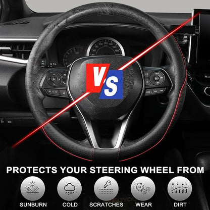 SEG Direct Steering Wheel Cover 14.5-15 inch (37-39 cm) Medium Size, Microfiber Leather, Non-Slip Comfortable Grip, Fits Cars Trucks SUVs, Black and Red