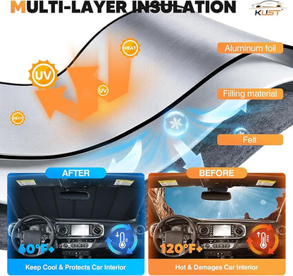 KUST Windshield Sun Shade for Toyota Tacoma 2018-2022 2023 Foldable Thicken Window Sunshade UV Protection Keep Cool Sunshield Easy Install Sun Visor Accessories Aluminum Film