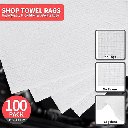 White Microfiber Cleaning Cloths, 100 Pack Shop Towels Rags, Bulk Absorbent Lint-Free Detailing Cleaning Rags Microfiber Towels for Car Mechanic Automotive Garage Housekeeping, 11.5"*11.5"