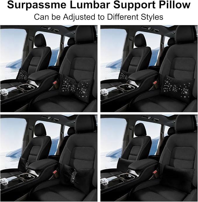 surpassme Rhinestone Lumbar Support Pillow for Car, Bling Back Support Pillow/Cushion Car Accessories for Women(Black)