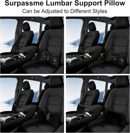 surpassme Rhinestone Lumbar Support Pillow for Car, Bling Back Support Pillow/Cushion Car Accessories for Women(Black)