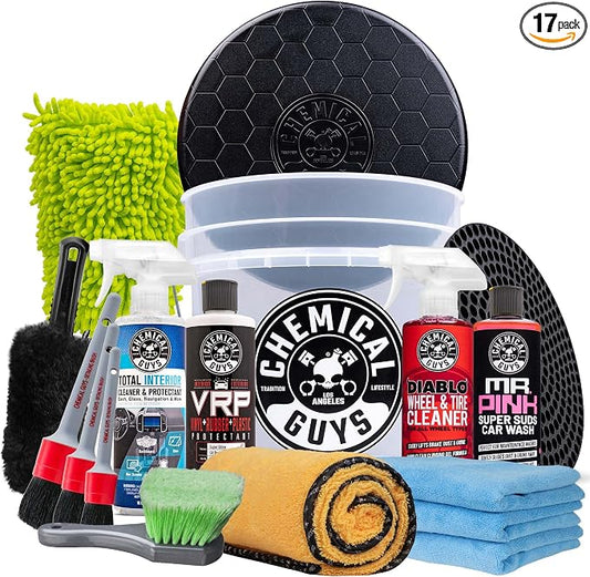 Chemical Guys Car Detailing Kit, Car Cleaning Kit with Total Interior Cleaner & Protectant, Sprayable Wheel Cleaner, Car Wash Soap, Bucket, Brushes, and Detailing Accessories - 17 Piece Wash Kit